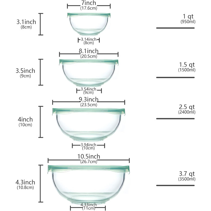 Set of 4 Glass Bowls with Lids (0.95L, 1.5L, 2.4L, 3.5L), Large Round Salad Bowls, Baking Bowls, Microwave and Dishwasher Safe for Mixing, Storing, and Serving