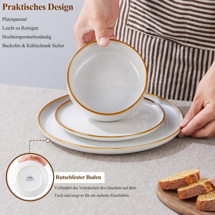 Набір посуду Joyfair на 6 осіб, 18 предметів: тарілки, миски, десертні тарілки, посуд з реактивної глазурі, для щоденного використання, сумісний з мікрохвильовою піччю та посудомийною машиною, пісочно-бежевий колір