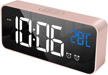 Будильник HOMVILLA Digital з великим LED-дисплеєм температури, двома будильниками, функцією відкладання, регулюванням яскравості та 10 мелодіями для спальні (рожевий)