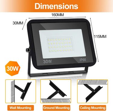 IKODM Outdoor Flood Lights, Pack of 5, 30W LED Floodlights, 3000K Warm White Outdoor Lighting Floodlight, Waterproof Super Bright 2250LM Construction Lights for Outdoor Yard Garden Garage Sports Field