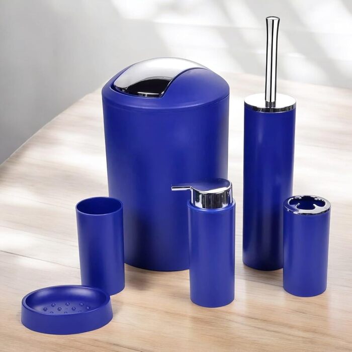 Комплект аксесуарів для ванної кімнати 6tlg Badset: органайзер, дозатор мила, стакан для зубної щітки, відро для косметики, щітка для унітазу з тримачем, мильниця, сміттєвий бак, тримач для зубних щіток, повна ванна кімнатна гарнітура (темно-синій дизайн