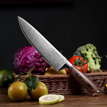 Кухонний ніж PICKWILL 20 см, професійний універсальний ніж з високоякісної нержавіючої сталі, ергономічна ручка, м'ясний ніж, з точилом у подарунковій коробці