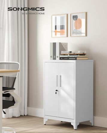 SONGMICS File Cabinet, Multi-Purpose Cabinet, Office Cabinet with 2 Doors, Lockable Cabinet, Steel Storage Cabinet, for Study Room, Living Room, Matte White OMC012W01