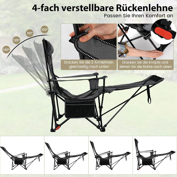 Крісло для кемпінгу та риболовлі Costway з підставкою для ніг, регульованою спинкою, підголівником, тримачем для напоїв та бічною кишенею (Сірий)