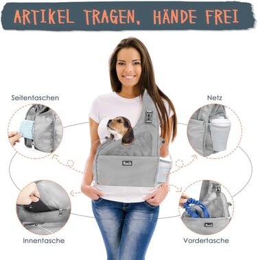 Dog-friendly sling carriers, hands-free travel bag for small pets with adjustable straps, hardboard base, safety belt, for dogs up to 2.8kg, wider version, gray