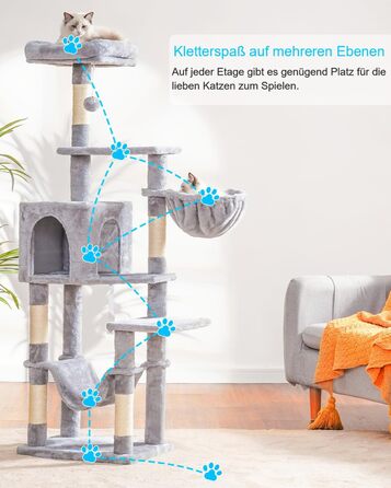 Котячий комплекс Hey-brother Kratzbaum 154 см з сизалевим мотузком, гамаком, будиночком та платформою, сірий EMPJ050W