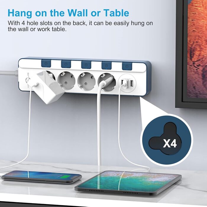 Мережевий фільтр KEPLUG з 6 розетками та 3 USB-портами (4000W, 16A), блакитний, з дитячим захистом, 2 м кабель