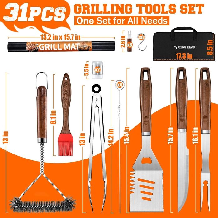 Набір гриль аксесуарів PURPLEBIRD 31 предмет з нержавіючої сталі - Преміум гриль посуд для чоловіків та жінок з сумкою, килимок для гриля, сад, кемпінг та день народження. Сучасний дизайн.