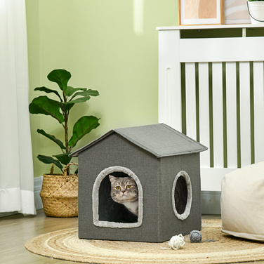 PawHut Cat Cave House Shape with Washable Cushion, Cozy Cat Snuggle Cave with Two Doors, 39 x 43.5 x 40.5 cm, Grey