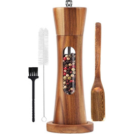 Дерев'яна мельниця для солі та перцю з підставкою, ручна, з регульованим керамічним жорном, 20 см
