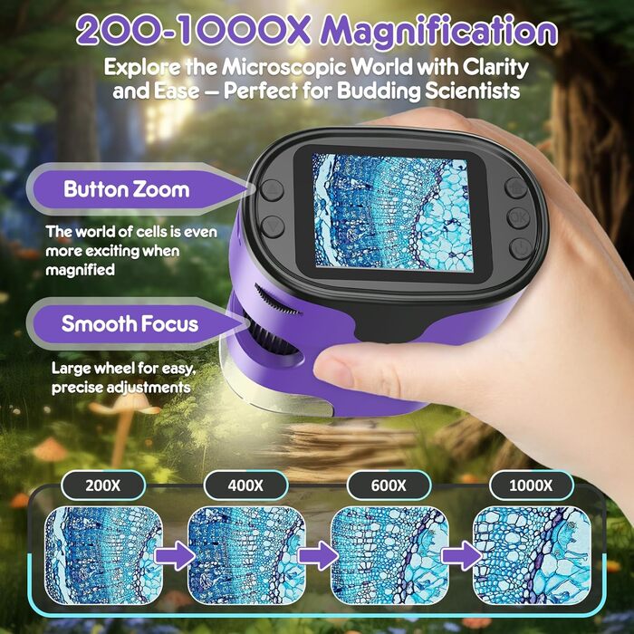 Дитячий цифровий мікроскоп 1000X Handy з 4K екраном: портативний USB мікроскоп для науки, з набором предметних скла, ідеальний подарунок для дітей 4-12 років (зелений, фіолетовий)