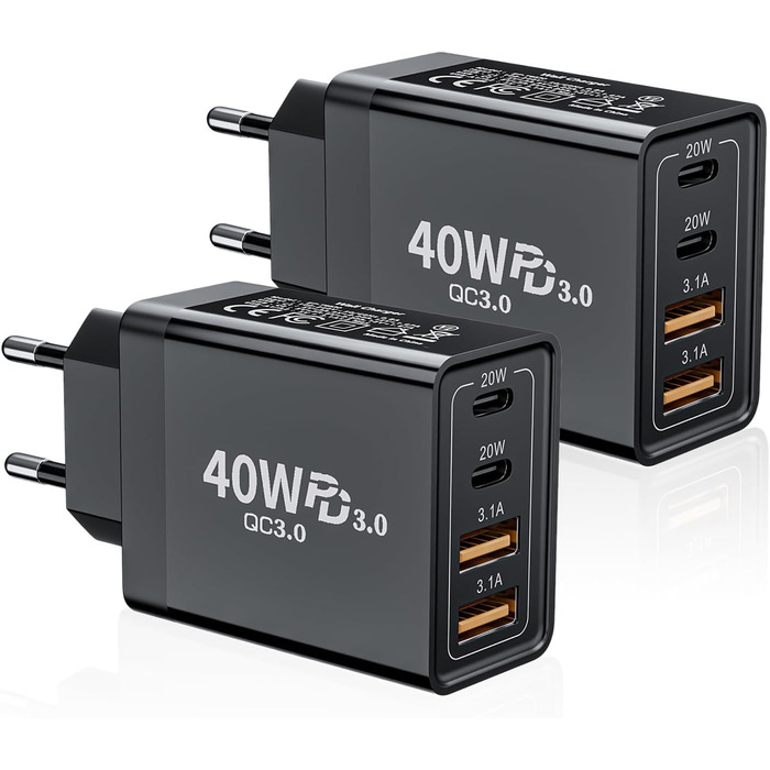 Подвійний зарядний пристрій USB-C 40W з 4 портами (USB-C та USB-A), PD 3.0, для iPhone, Samsung, iPad, Tablet, 2 шт., чорний
