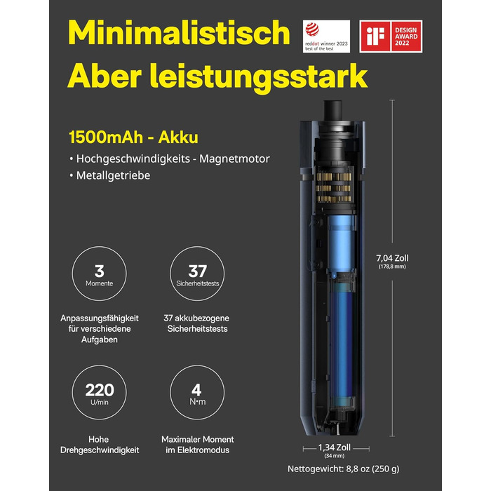 Акумуляторний шуруповерт HOTO з магнітом та 25 бітами, LED-підсвічуванням, 3 рівнями крутного моменту (1.5/3/4 Н.м), акумулятор 1500 мАг, зарядка USB-C, для ремонту меблів та електроприладів