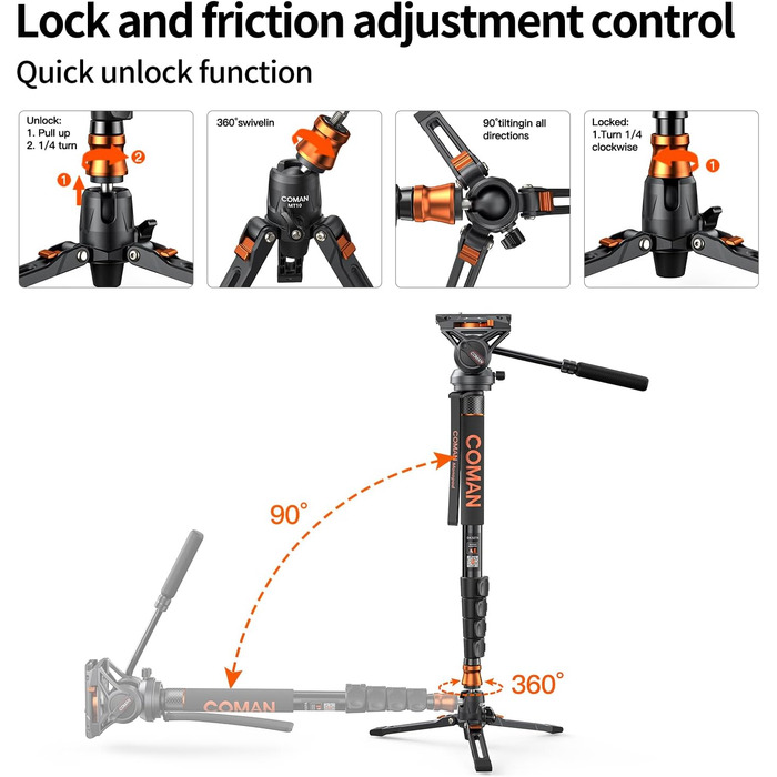 Штатив Coman Q6 для відеокамери та DSLR: міцна монопод з регулюванням 179.3 см, максимальне навантаження 10 кг, чорний
