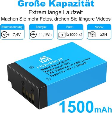 Акумулятор LP-E17 1300mAh Homesuit та LED-зарядний пристрій Dual USB для Canon Rebel SL3, SL2, T8i, T7i, T6i, T6s, EOS R10, R50, R8, RP, M3, M5, M6, 200D, 77D, 750D, 760D, 800D, 8000D (2 шт.)
