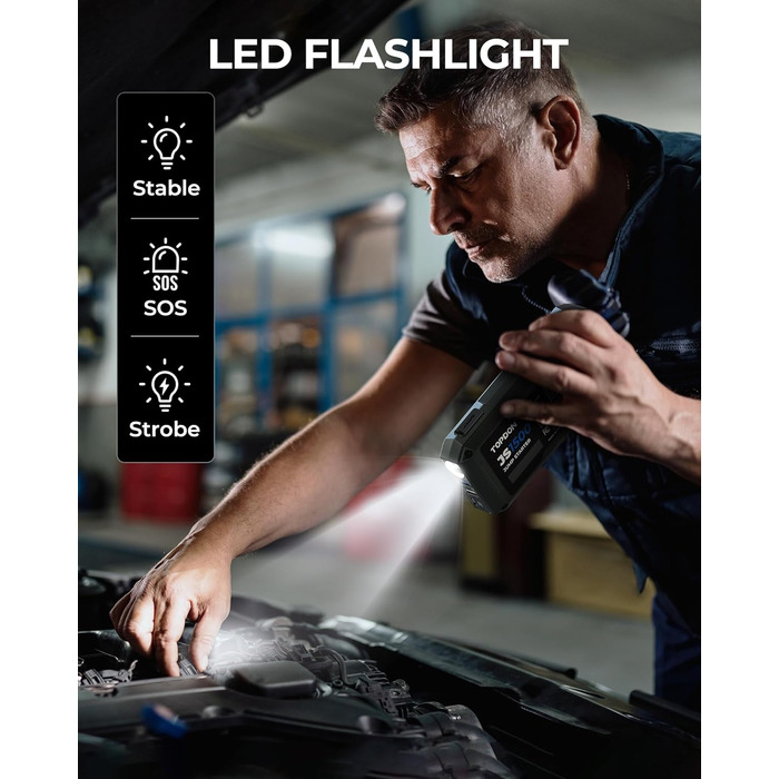 TOPDON JS3000 Powerbank для запуску двигуна: автостартер, бустер для акумулятора до 9л бензину та 7л дизеля, 24000mAh (1500A), LED, EVA-сумка