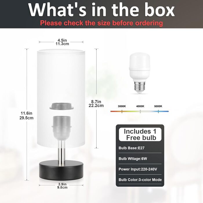 Нічна лампа Kakanuo з 3 колірними температурами, біла, з вимикачем, абажур з льону, для вітальні, спальні, офісу, дитячої кімнати (LED лампа в комплекті), колір A-білий+чорний