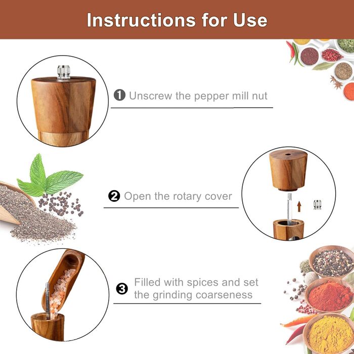 Auciej Salt and Pepper Grinder Wooden Set, Manual Pepper Grinder, Ceramic Grinding Mechanism, Spice Grinder, Salt Grinder with Coaster, Adjustable for Spices, Pepper, Salt, 2-Piece Set, 20 cm