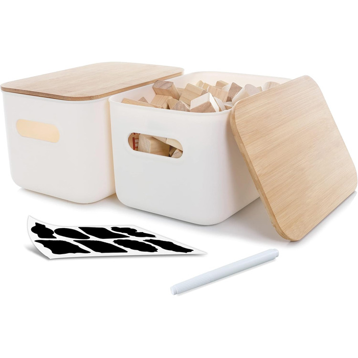 Kerhouze 2 PCS Storage Box with Bamboo Lid White Storage Plastic Box for Organization Stackable Storage Boxes with Handle for Kitchen Bathroom 38.4 * 27 * 15.2cm, 13L (2PACK 6.5L)