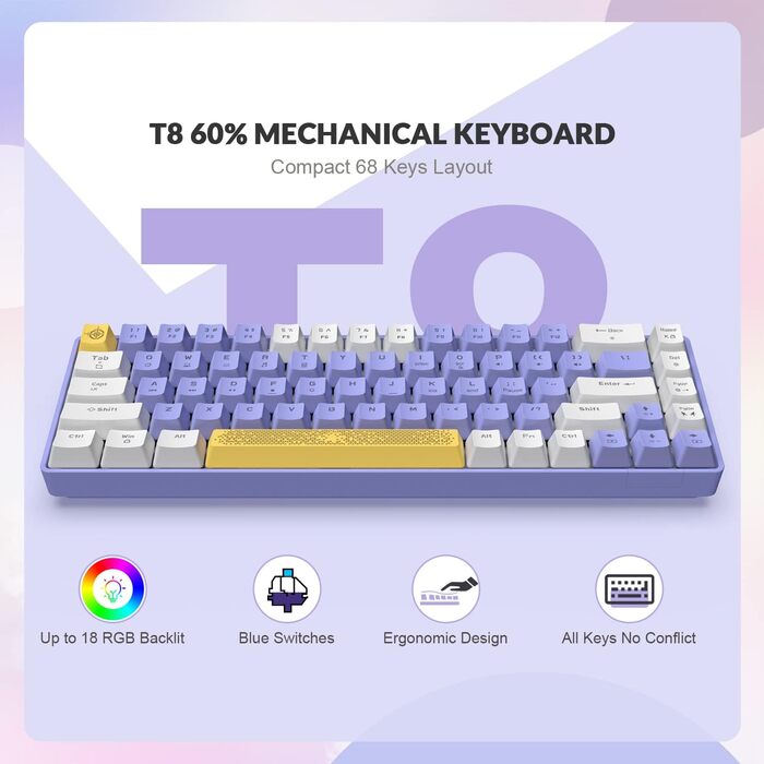 YINDIAO T8 Комплект ігрової клавіатури та миші RGB 60%, Механічна клавіатура TKL 68 клавіш, Миша з сотовою структурою, до 6400DPI, для PC PS5, Темно-сірий (Синій перемикач)