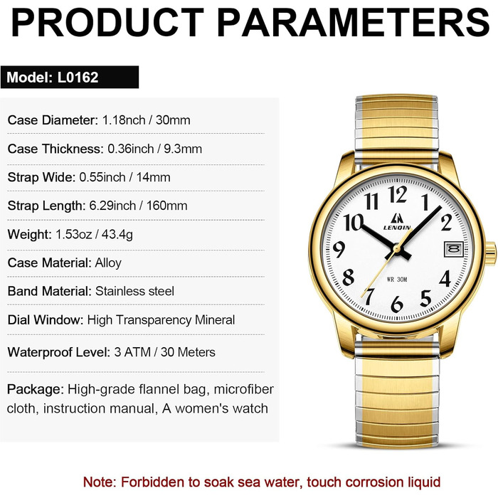 Жіночий годинник LN LENQIN: Водонепроникні годинники для жінок з нержавіючої сталі, кварцовий механізм, регульований браслет (сріблястий, золотий, білий)