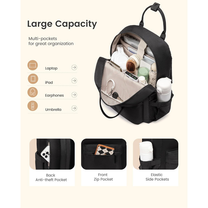 Сумка-рюкзак LOVEVOOK для жінок, підійде для ноутбука 15.6 дюймів, стильна міська сумка для підлітка, водонепроникна шкільна сумка, casual рюкзак для роботи, навчання, подорожей, чорна