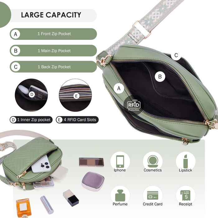 Сумка жіноча Roulens стеганая через плече з екошкіри, кросбоді, зелений (A-grün) з регульованим широким ременем
