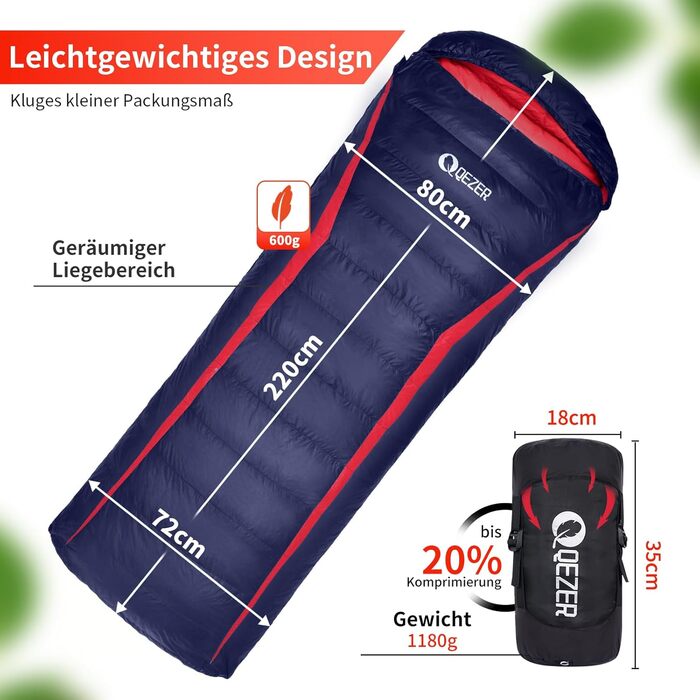 QEZER Ultralight Down Sleeping Bag - 8°C to -3°C for Camping, Hiking & Trekking - 3 Season Sleeping Bag (Blue)