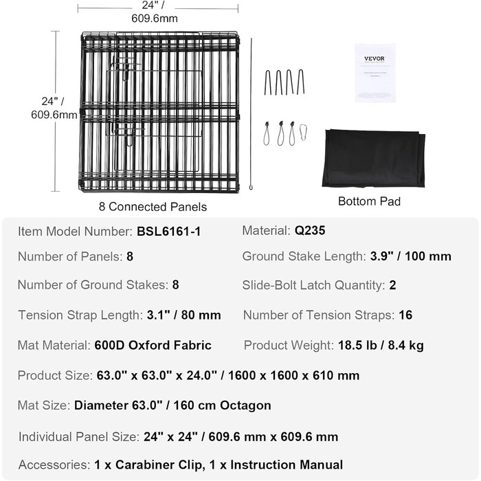 VEVOR 8-Panel Foldable Dog Playpen with Waterproof Cover & Mat - 61cm High