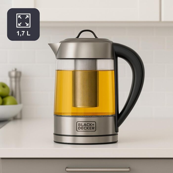 Електричний чайник BLACK+DECKER BXKE2202E, 1.2L, 2200W, 360° обертання, для лівшів, з автовимкненням, скляний