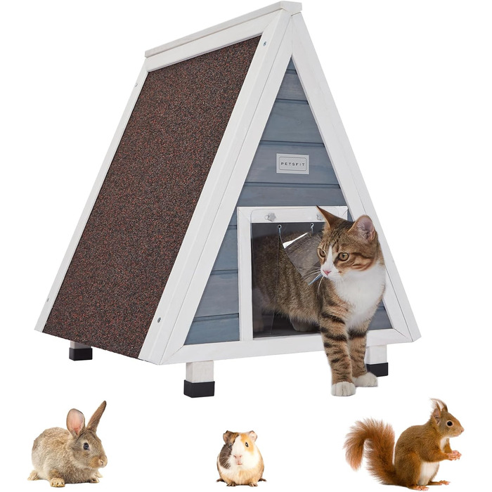 Вуличний будиночок для котів Petsfit з евакуаційними дверима, дерев'яний, водостійкий, сірої фарби, із ялинового дерева