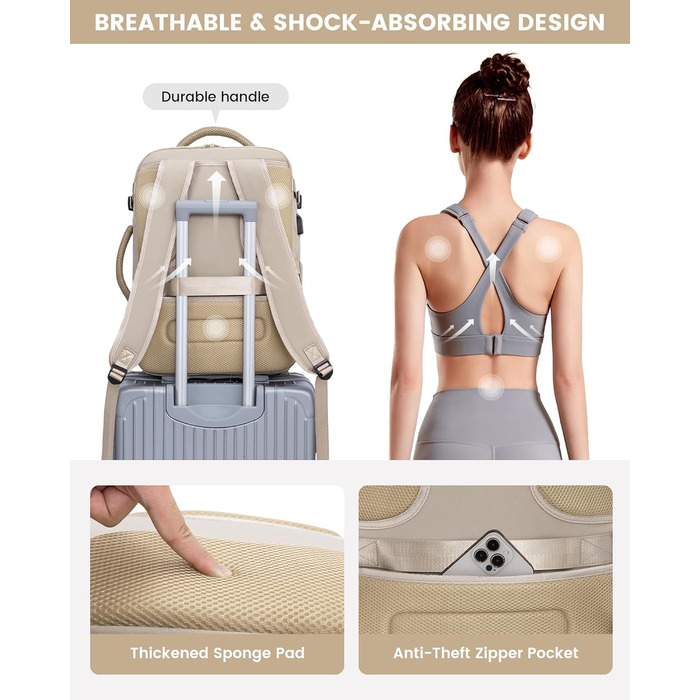 Рюкзак LOVEVOOK для жінок, 40л, ручна поклажа, для ноутбука 18 дюймів, водонепроникний, для подорожей, бізнесу, сумка-дуфіль, набір ручної поклажі, бежевий, хакі