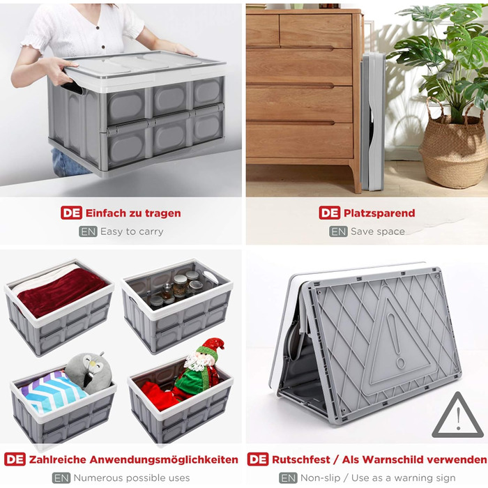 Yorbay 2-Piece Set 55L Professional Folding Box Transport Box with Lid, Foldable Storage Box with Handle, Stackable Boxes Storage Box Folding Boxes Stackable Boxes for Storage and Transport, PP, Grey (55L)