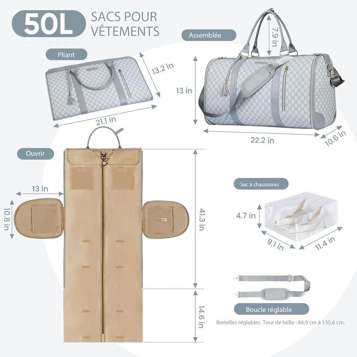 Сумка-трансформер для подорожей 50 л, 2-в-1 з водонепроникним відділенням для взуття та системою проти зминання – ідеальна для ділових поїздок та відпочинку (Сірий)