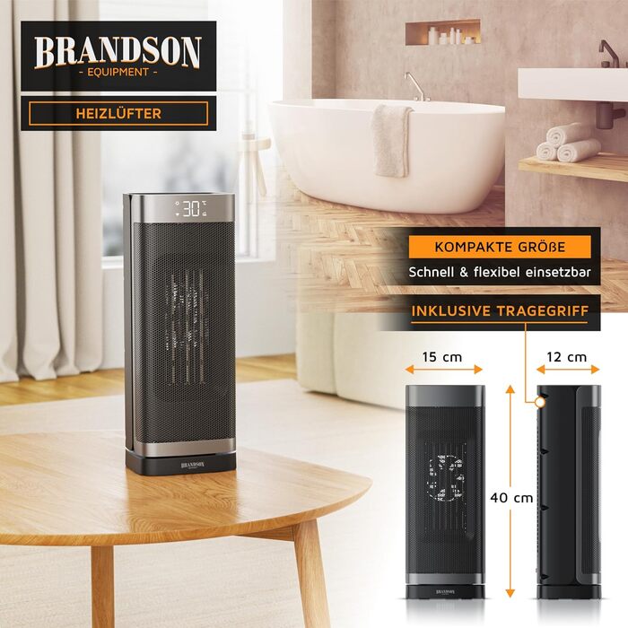 Керамічний обігрівач Brandson з пультом керування, тихий, енергозберігаючий, з осциляцією, дитячий захист, таймер, 2 режими, ECO-режим, для ванної, вітальні, офісу, дитячої кімнати (без Wi-Fi)