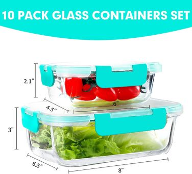 Набір скляних контейнерів Verones (10 шт), зелені, з герметичними кришками, для зберігання їжі, морозильник, посудомийна машина