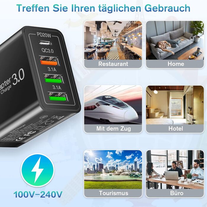 Зарядний пристрій Acezeek USB-C 35W 4-порти + 2x USB-C кабелі 60W 6.6ft для Samsung, LG, Google Pixel, планшетів (Чорний)