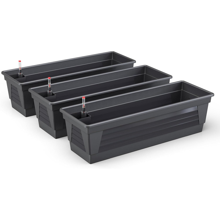 Plastard Milano Flower Box Set of 3, 60 cm long, Anthracite color with water reservoir and water level indicator. Planting box for garden and balcony, weather-resistant for indoor and outdoor use.