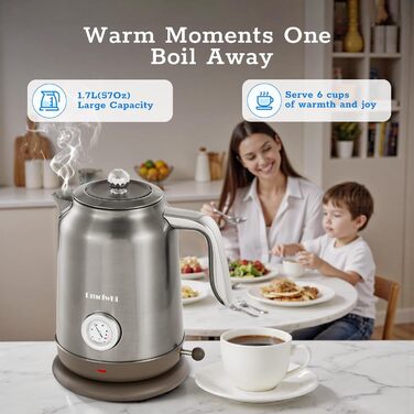 Електричний чайник з нержавіючої сталі з термоіндикатором, 1.7 л, Vintage, з автовимкненням та захистом від сухого кипіння – ідеальний для чаю та кави в сім'ї (Chrome)