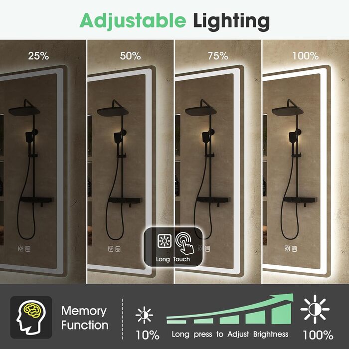 Дзеркало для ванної кімнати S'bagno з підсвічуванням 100x70 см, LED, з полицею, антизапар, 3 колірні температури, регулювання яскравості, HD скло, IP44, горизонтальне/вертикальне встановлення, M55 (без Bluetooth)