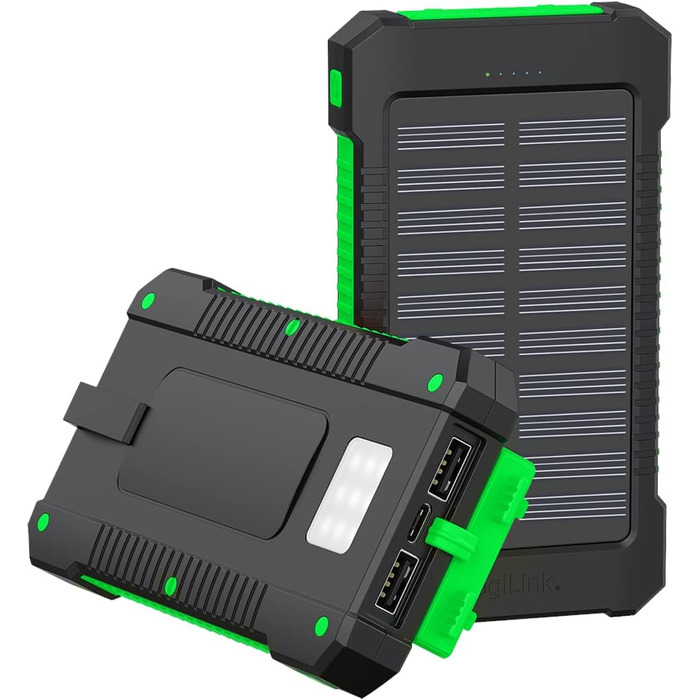 Портативний зарядний пристрій Solar Powerbank 8000 mAh з ліхтариком, чорно-оранжевий, одночасна зарядка 2 пристроїв (2x USB Type-A)