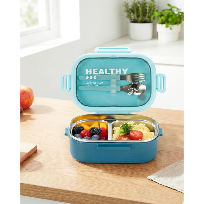 Ланчбокс Lille Home Bento з нержавіючої сталі, 850 мл, 2 відділення, витікання, з сумкою та столовими приборами, BPA-free (Світло-блакитний)