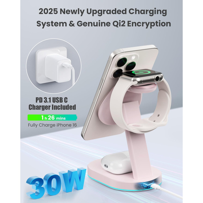 Бездротова зарядка 3-в-1 з MagSafe, USB-C, для iPhone 16/15/14/13/12, Apple Watch та AirPods, з нічним світлом (Рожева)