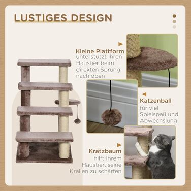 PawHut 3-Step Pet Stairs with Scratching Posts, Ball, Dog Stairs, Pet Stairs for Cats up to 5 kg, Plush Jute, White, 45 x 40 x 48 cm (60L x 40W x 64H cm, Brown)