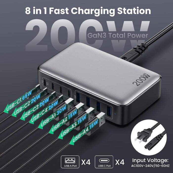 Зарядний пристрій USB-C 620W, 10 портів, швидка зарядка PD PPS 100W, для MacBook Pro/Air, iPad, iPhone 16/15/14/13/12 Pro Max, Samsung (чорний)