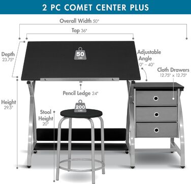SD Studio Designs Comet Center Plus Craft Table & Stool Set with Storage - Adjustable Top - Silver/Black
