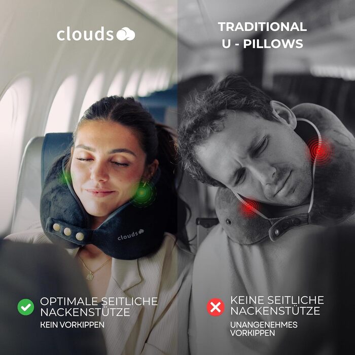 Подушка для шиї CLOUDS для подорожей – Memory Foam, 2 розміри, для дорослих, дихаючий чохол, 5 кольорів (Чорний, S/M)