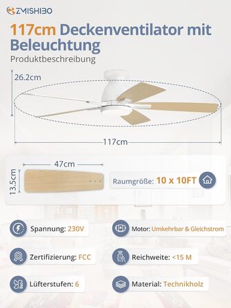Стельовий вентилятор ZMISHIBO з підсвічуванням Ø117 см, DC мотор, LED 3000K-6000K, диммування, пульт/додаток, 6 швидкостей для спальні