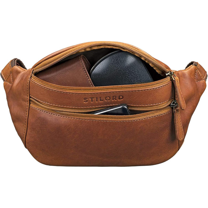 STILORD 'Marian' поясна сумка з натуральної шкіри вінтаж для чоловіків/жінок. Поясна/Животна сумка для телефону, косметики, камери, подорожей, вечірок, концертів, фестивалів. Шкіра Cognac, блискуча (Когняк - Коричневий)