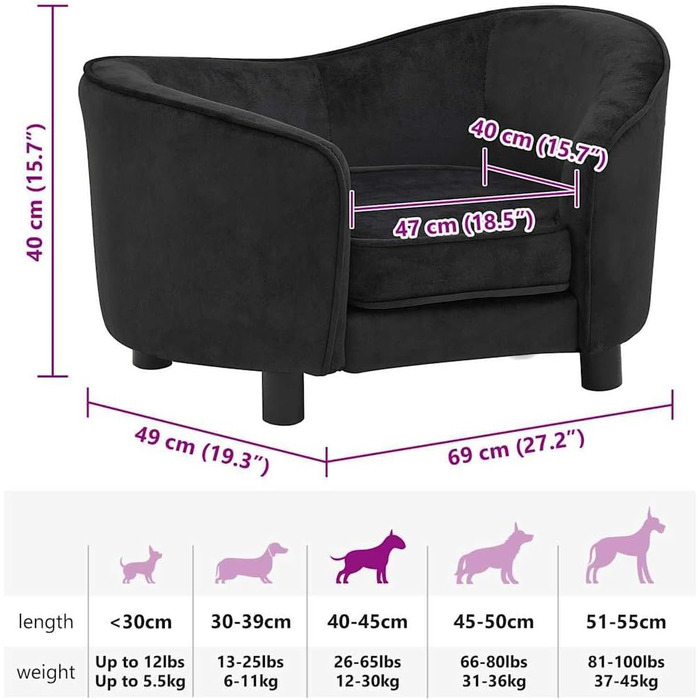 Софа для собак VidaXL, чорна, 69x49x40 см, м'яке ліжко для собак та котів